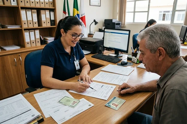 Despachante auxiliando um cliente na renovação da CNH.