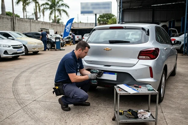Despachante colocando a placa em um veículo em emplacamento.