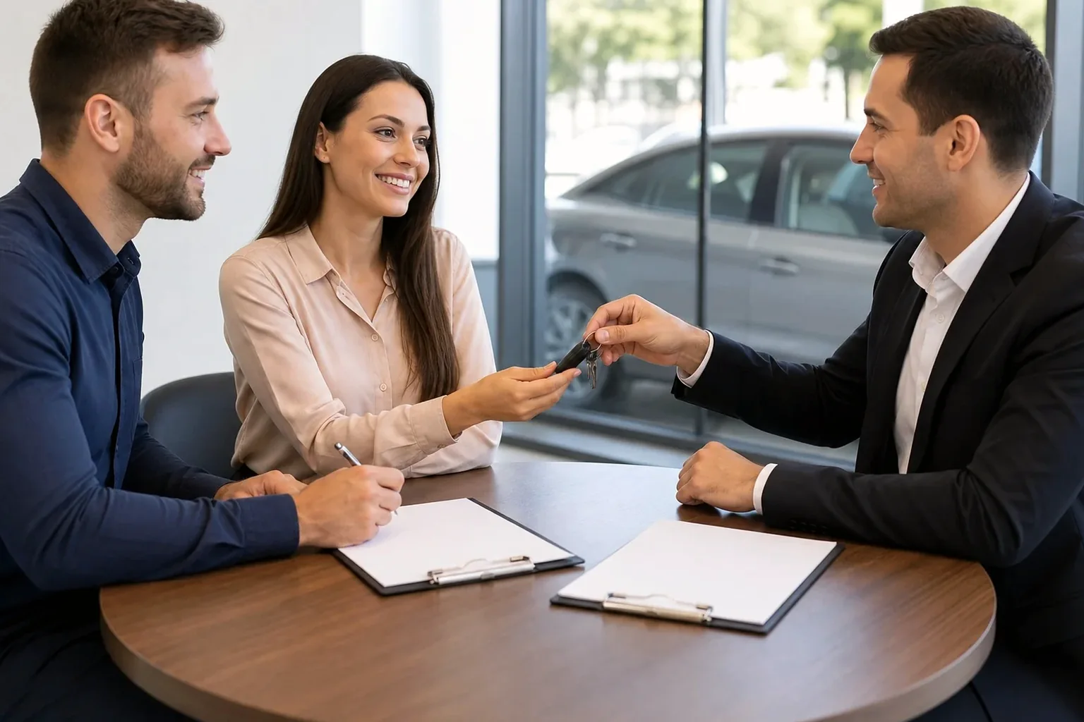 Despachante conversando com cliente sobre a transferência de veículo.