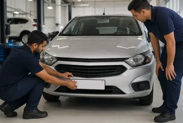 Despachante próximo a um veículo realizando o 1º emplacamento.