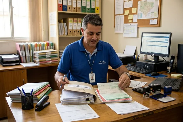Profissional revisando documentos para licenciamento.